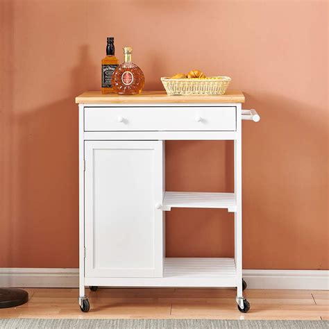 Wooden Kitchen Storage Trolley with Bamboo Table Top, Rolling Kitchen ...
