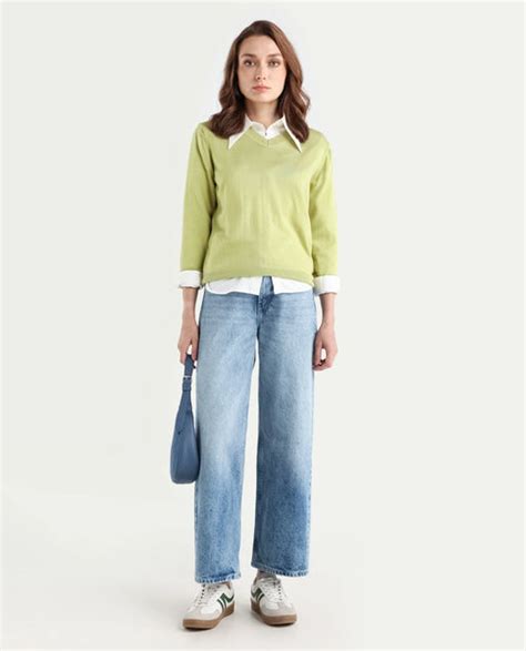 Rareism Women's Usak Flouroscent Green Acrylic V-Neck Plain Regular Fi