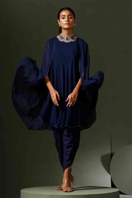Buy Blue Georgette Embroidery Sequin High Neck Jewelled Cape Kurta ...