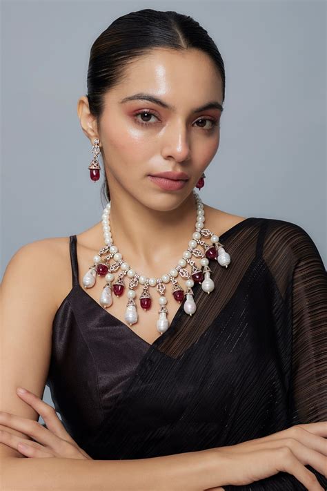 Florence Silver Plated Red Womens Pearl Short Necklace Set with Pair o