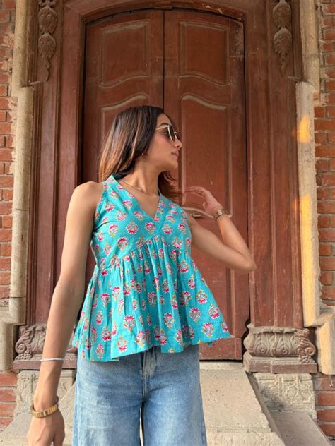 Cotton Teal Blue Halter Neck Top Manufacturer, Supplier from Vadodara