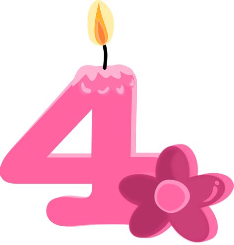 Pink four 4 number happy birthday candle and flower PNG illustration ...