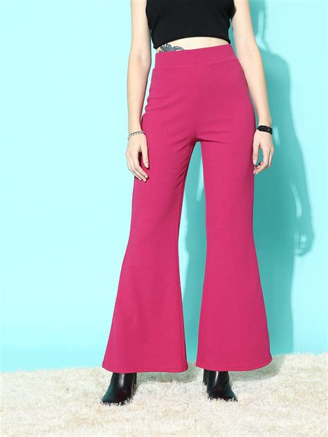 Women Solid Pink High-Rise Waist Slip-On Flared Regular Trousers ...