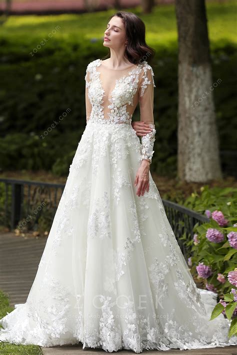Luxury Yet Sexy Sheer 3d Flower Lace Wedding Dress - ZOOEK