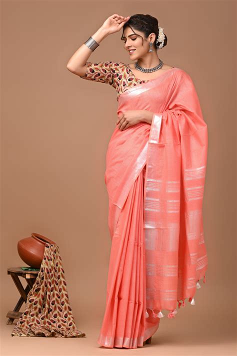 Plain linen Saree With Ajrak Printed Unstiched Blouse – Rajasthan ...