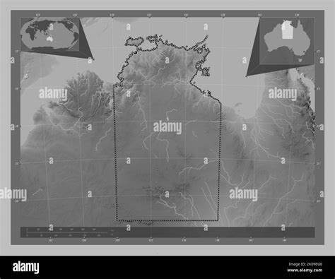 Northern Territory, territory of Australia. Grayscale elevation map with lakes and rivers ...