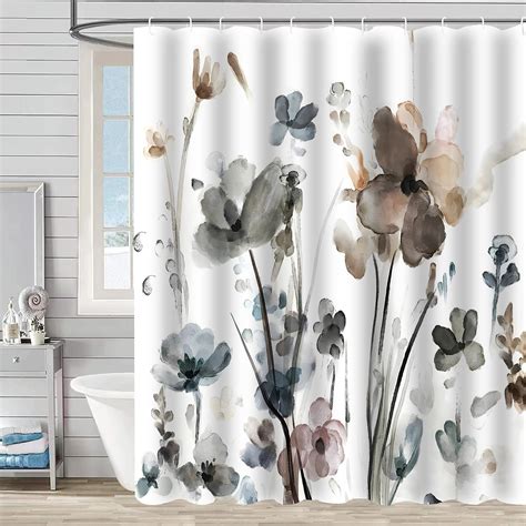 Watercolor Flower Shower Curtain for Bathroom, Grey Botanical Floral ...