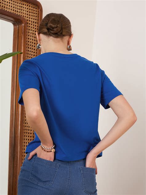 Women Solid Blue Round Neck Front Brand Logo Short Sleeves Knitted ...