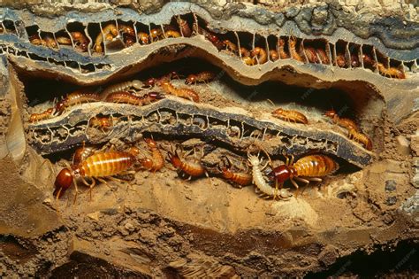 Crosssection of a termite nest in soil revealing intricate tunnels and termite colonies ...