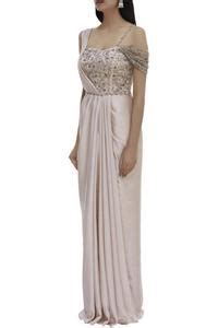 Buy Beige Satin Square Neck Embellished Draped Gown For Women by Pooja ...