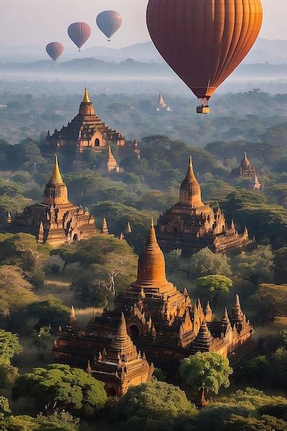 Ancient pagodas in bagan with altitude balloon myanmar | Premium AI ...