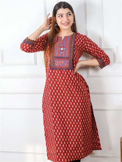 Ruhani Apple Red Kutch Mirror Neck Work Ajrak Print Cotton Kurti-D1 ...