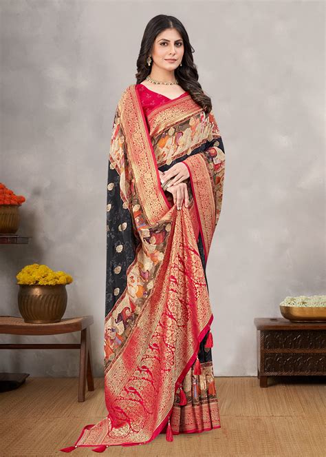Black Satin Silk Saree with Traditional Ethnic Motifs, Intricate Zari ...