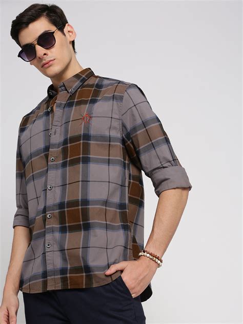 SHOWOFF Men's Long Sleeves Spread Collar Tartan Checks Grey Slim Fit Shirt