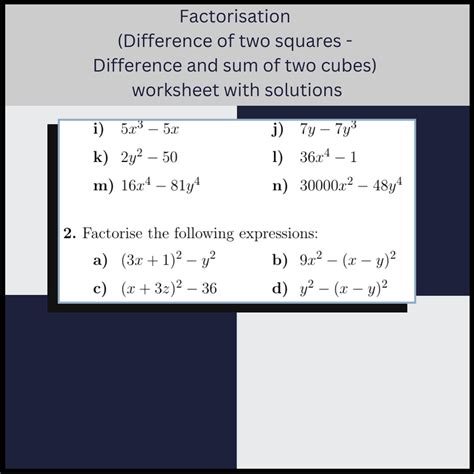 Factoring Difference of Two Squares (DOTS) Math Worksheets - Worksheets ...