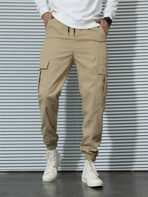 Men Drawstring Waist Flap Pocket Cargo Trousers | Khaki Cargo Pants ...