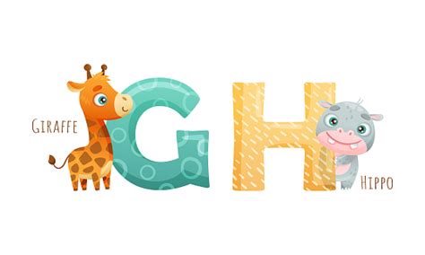 Cute Zoo Alphabet Gh Letters And Giraffe Hippo Animals Cartoon Vector ...
