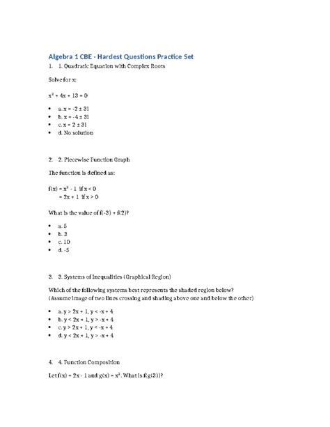 Algebra 1 CBE Hard Questions Practice Set 1 - Studocu