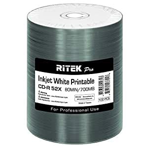 100 Pack Ritek Pro (Professional Grade) CD-R 52X 700MB White Inkjet Hub ...
