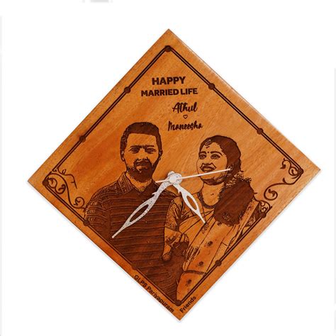 Personalized Photo Engraved Wooden Wall Clock Diamond Shape – Picloon