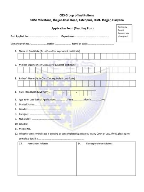 Fillable Online HaryanaJobs.in Application form for Teaching posts in ...