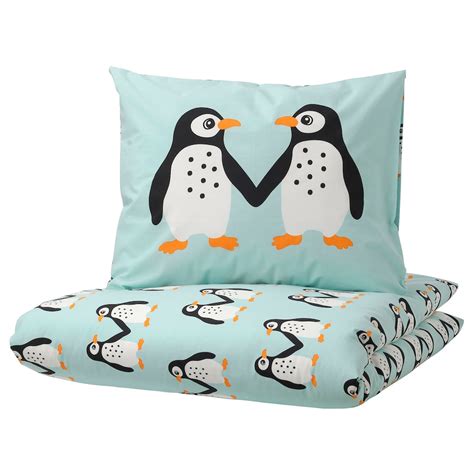 BLÅVINGAD duvet cover and pillowcase, penguin pattern/light turquoise ...