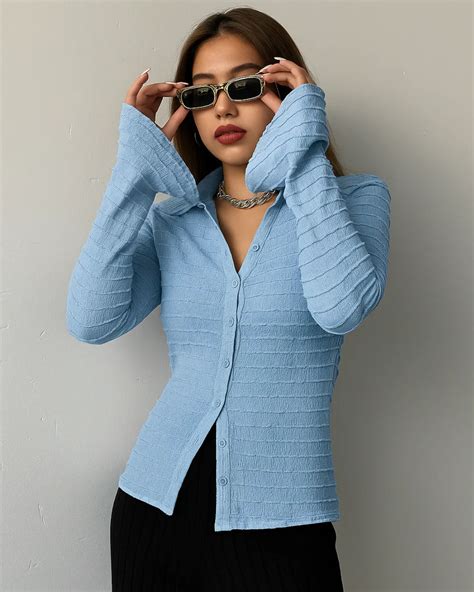 Long Sleeve Button Up Top in Dusty Blue - Littlebox India