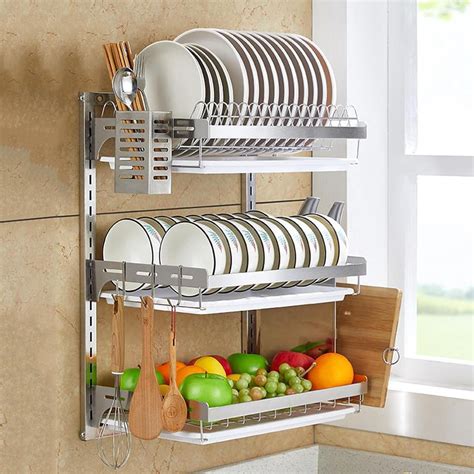 3-Tier Wall-Mounted Dish Drying Rack & Drainboard Set – Large Stainless ...
