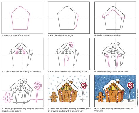 How to Draw a Gingerbread House: Easy Step-by-Step Art Lesson for Kids ...