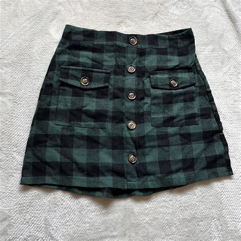 GREEN PLAID SKIRT snug fit, buttons do not come... - Depop