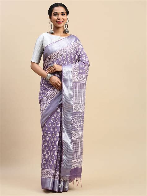 Ramyyam Womens Elegant Purple Flower Printed with Silver Jari Pure ...