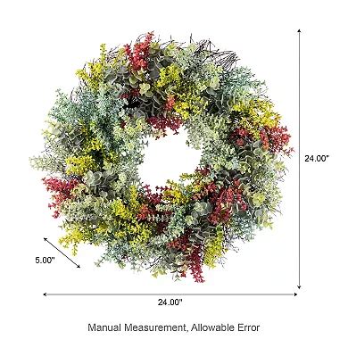 Glitzhome 24"D Mixed Floral Eucalyptus Wreath Includes a Black Metal ...