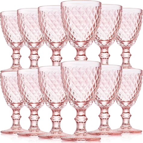Amazon.com | Lallisa 12 Pcs Pink Wine Glass Set Vintage Glassware Pink ...