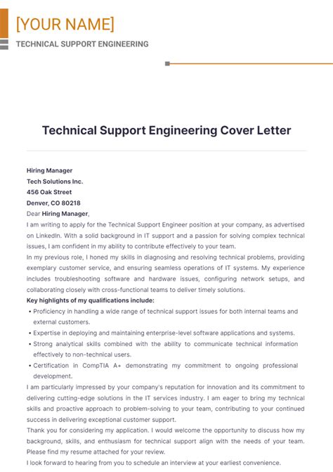 Free Technical Support Engineering Cover Letter Template to Edit Online