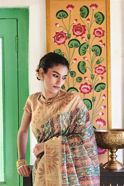 Sepia Beige Digital Printed Tussar Silk Saree – SHANGRILA DESIGNER