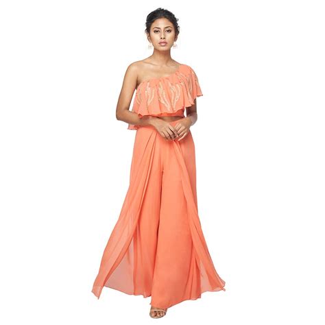 Buy ANJ - Georgette Coral Embroidered Crop Top and Pleated Palazzo Set ...