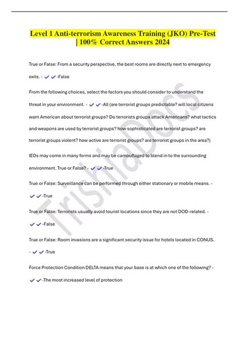 Level 1 Anti-terrorism Awareness Training (JKO) Pre-Test | 100% Correct ...