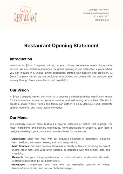 Free Restaurant Opening Statement Template to Edit Online