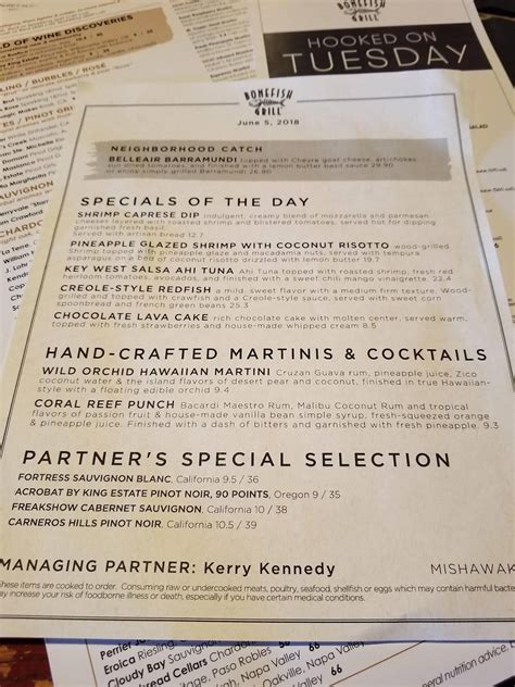 Menu at Bonefish Grill restaurant, Mishawaka