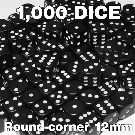 Opaque Round-Corner Dice - Set of 1000 Black 12mm d6s - Dice Game Depot