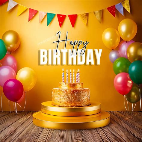 Happy Birthday wishes Delicious cake with balloons on a Yellow ...