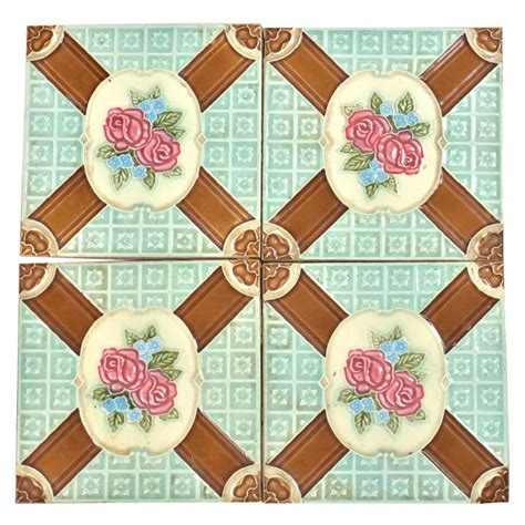 Roses And Border Backsplash Ceramic Wall Tile Set of 4