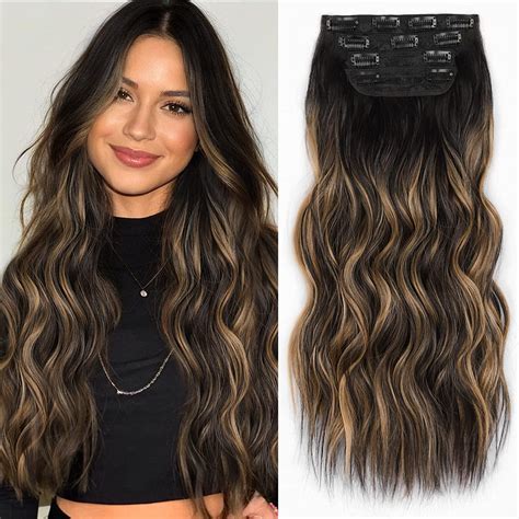 Clip in Long Wavy Synthetic Hair Extension 24 Inch Ombre Natural Black ...