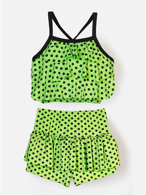 CUKOO Girls Polka Dot Green Ruffled Swim suit set (kids swimsuit ...