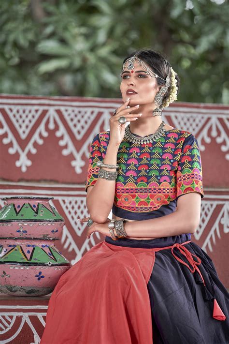 Navy-Blue & Orange Embroidered Cotton Indian Traditional