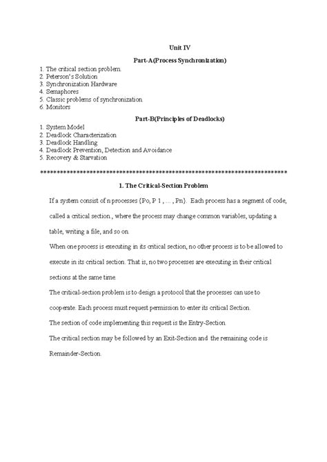 MCA OS Unit 4 Final - Process Synchronization & Deadlocks - Studocu