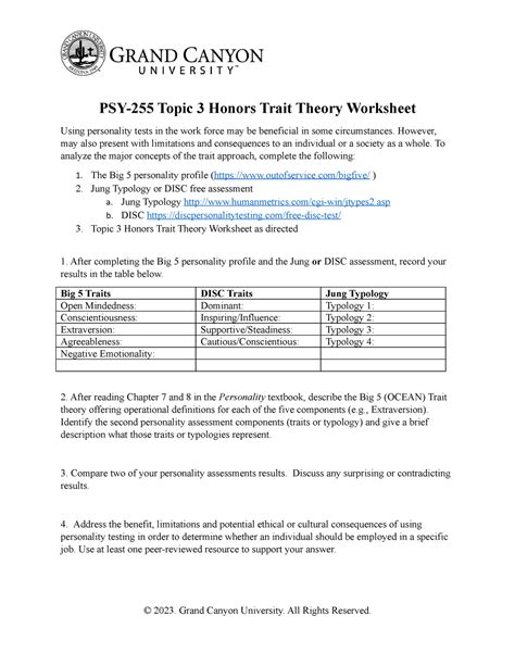 PSY 255 H T3 Honors Trait Worksheet - PSY-255 Topic 3 Honors Trait ...