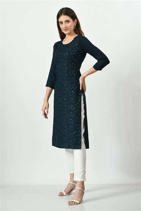 Teal Blue Embroidered Straight Kurta – SABHYATA CLOTHING