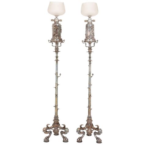 Pair of Silvered Bronze Large Antique Floor Lamps, Attributed to ...