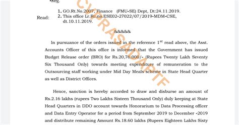 Mid Day Meal Scheme- Budget release of Rs.20.76 lakhs towards ...